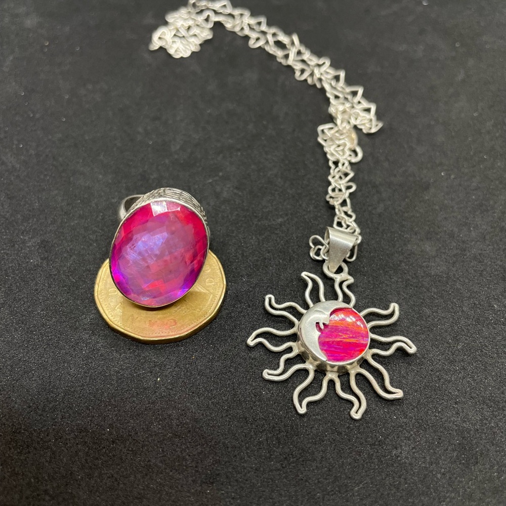 16” Silver Sun Pendant Necklace and Pink Stone Ring size 6, all sterling silver
